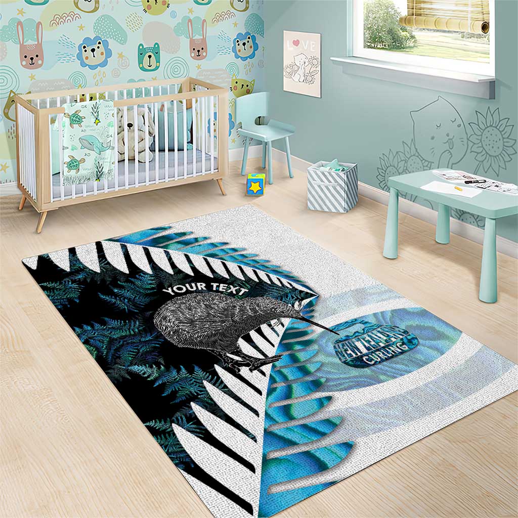 New Zealand Silver Fern Curling Personalised Area Rug Aotearoa Kiwi Ponga Paua Shell Version - Polynesian Pride