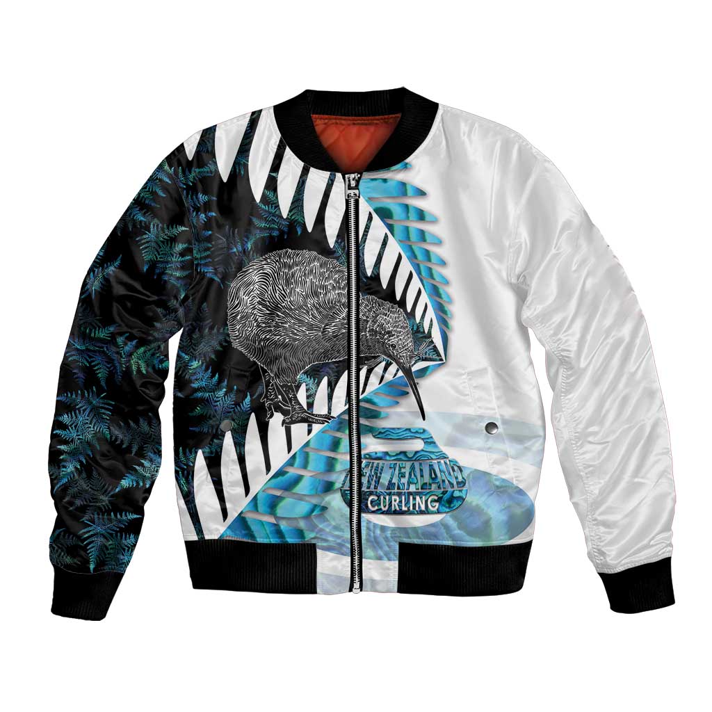 New Zealand Silver Fern Curling Personalised Bomber Jacket Aotearoa Kiwi Ponga Paua Shell Version LT14 Unisex Black - Polynesian Pride