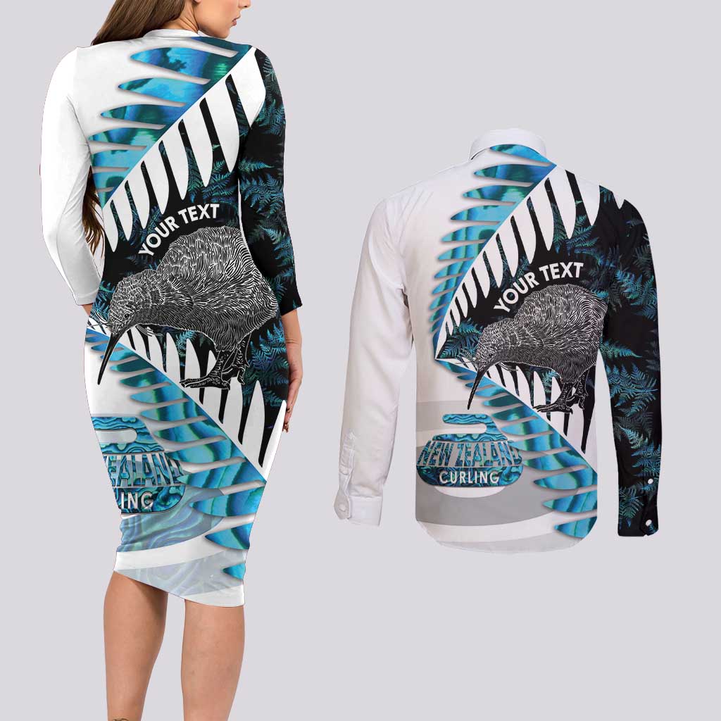 New Zealand Silver Fern Curling Personalised Couples Matching Long Sleeve Bodycon Dress and Long Sleeve Button Shirt Aotearoa Kiwi Ponga Paua Shell Version - Polynesian Pride