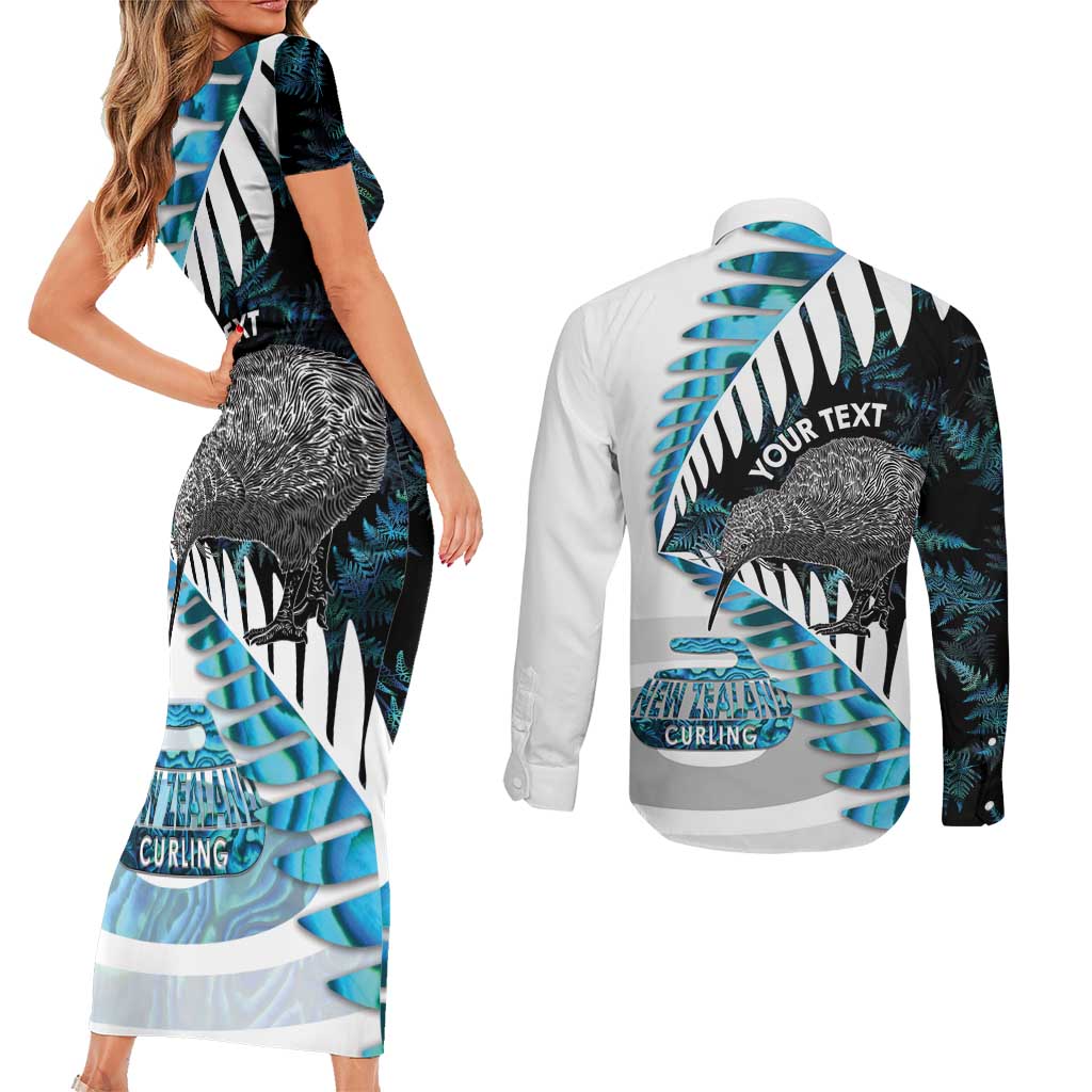 New Zealand Silver Fern Curling Personalised Couples Matching Short Sleeve Bodycon Dress and Long Sleeve Button Shirt Aotearoa Kiwi Ponga Paua Shell Version - Polynesian Pride