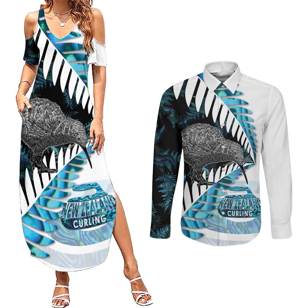 New Zealand Silver Fern Curling Personalised Couples Matching Summer Maxi Dress and Long Sleeve Button Shirt Aotearoa Kiwi Ponga Paua Shell Version - Polynesian Pride