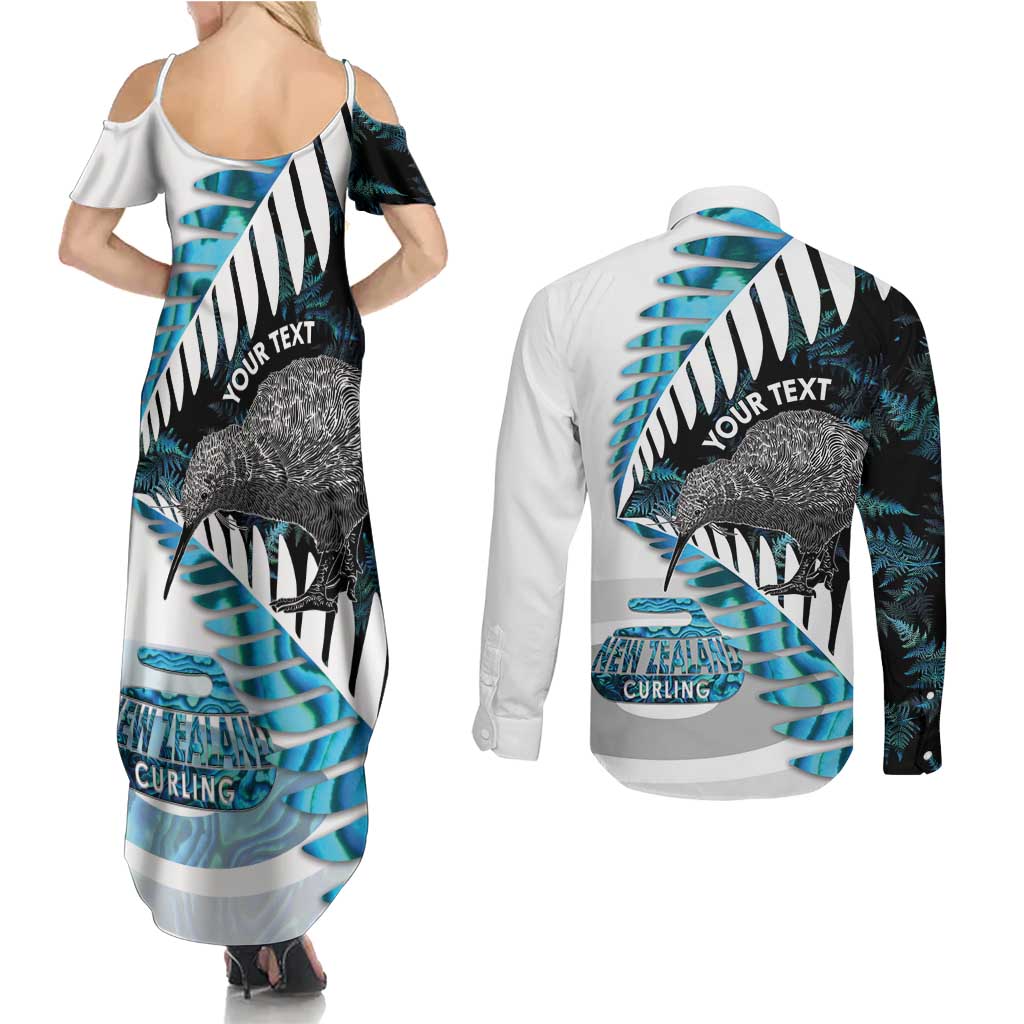 New Zealand Silver Fern Curling Personalised Couples Matching Summer Maxi Dress and Long Sleeve Button Shirt Aotearoa Kiwi Ponga Paua Shell Version - Polynesian Pride