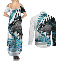 New Zealand Silver Fern Curling Personalised Couples Matching Summer Maxi Dress and Long Sleeve Button Shirt Aotearoa Kiwi Ponga Paua Shell Version - Polynesian Pride