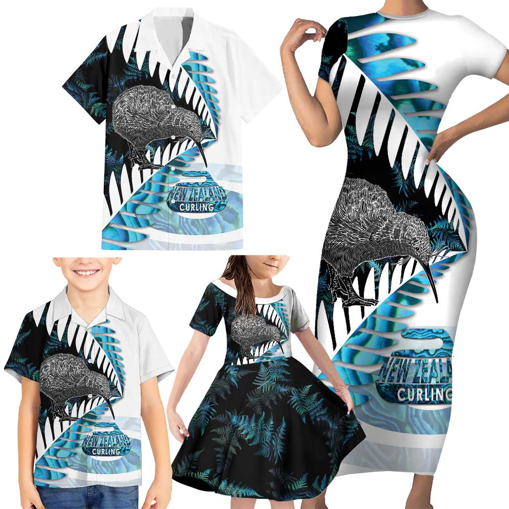 New Zealand Silver Fern Curling Personalised Family Matching Short Sleeve Bodycon Dress and Hawaiian Shirt Aotearoa Kiwi Ponga Paua Shell Version LT14 - Polynesian Pride