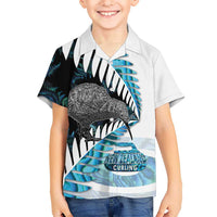 New Zealand Silver Fern Curling Personalised Family Matching Short Sleeve Bodycon Dress and Hawaiian Shirt Aotearoa Kiwi Ponga Paua Shell Version LT14 Son's Shirt Black - Polynesian Pride
