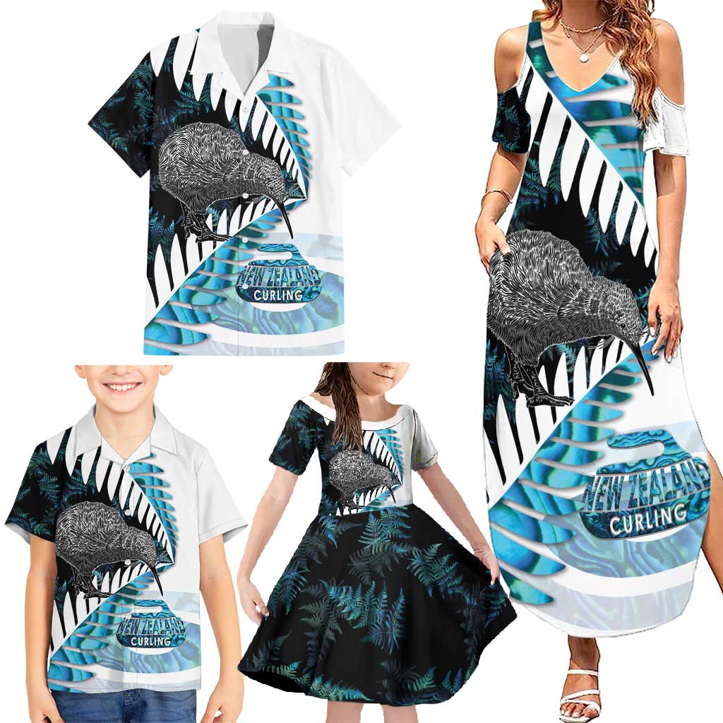 New Zealand Silver Fern Curling Personalised Family Matching Summer Maxi Dress and Hawaiian Shirt Aotearoa Kiwi Ponga Paua Shell Version - Polynesian Pride