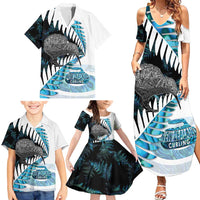 New Zealand Silver Fern Curling Personalised Family Matching Summer Maxi Dress and Hawaiian Shirt Aotearoa Kiwi Ponga Paua Shell Version - Polynesian Pride
