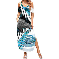 New Zealand Silver Fern Curling Personalised Family Matching Summer Maxi Dress and Hawaiian Shirt Aotearoa Kiwi Ponga Paua Shell Version - Polynesian Pride