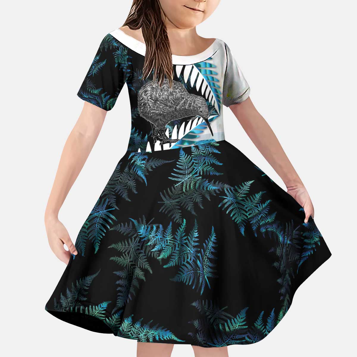 New Zealand Silver Fern Curling Personalised Kid Short Sleeve Dress Aotearoa Kiwi Ponga Paua Shell Version LT14 KID Black - Polynesian Pride