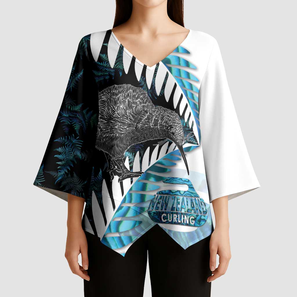 New Zealand Silver Fern Curling Personalised Kimono Sleeve Blouse Aotearoa Kiwi Ponga Paua Shell Version LT14 - Polynesian Pride