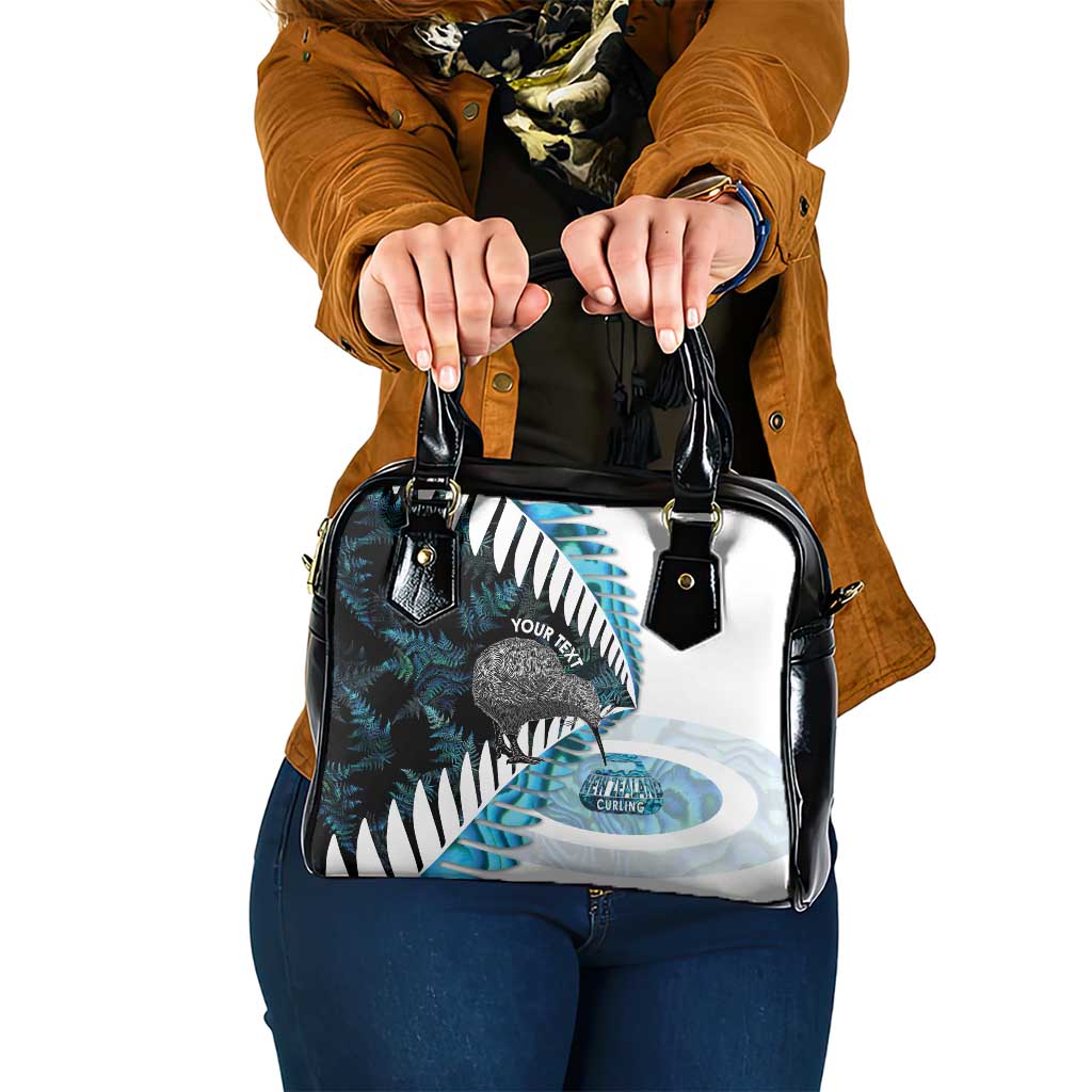 New Zealand Silver Fern Curling Personalised Shoulder Handbag Aotearoa Kiwi Ponga Paua Shell Version LT14 One Size Black - Polynesian Pride