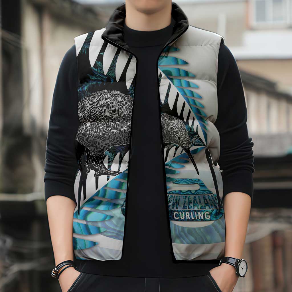 New Zealand Silver Fern Curling Personalised Sleeveless Puffer Jacket Aotearoa Kiwi Ponga Paua Shell Version LT14 - Polynesian Pride