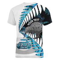New Zealand Silver Fern Curling Personalised Women V-Neck T-Shirt Aotearoa Kiwi Ponga Paua Shell Version - Polynesian Pride