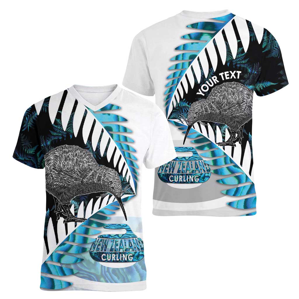 New Zealand Silver Fern Curling Personalised Women V-Neck T-Shirt Aotearoa Kiwi Ponga Paua Shell Version - Polynesian Pride