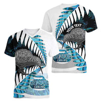 New Zealand Silver Fern Curling Personalised Women V-Neck T-Shirt Aotearoa Kiwi Ponga Paua Shell Version - Polynesian Pride