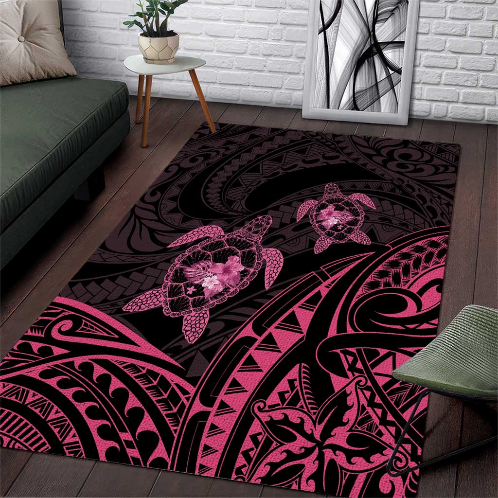 Pink Black Polynesia Floral Sea Turtle Area Rug - Polynesian Pride