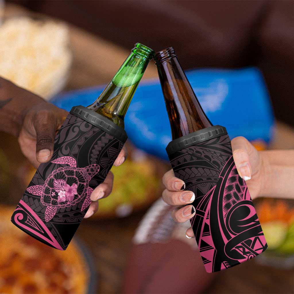 Pink Black Polynesia Floral Sea Turtle 4 in 1 Can Cooler Tumbler - Polynesian Pride