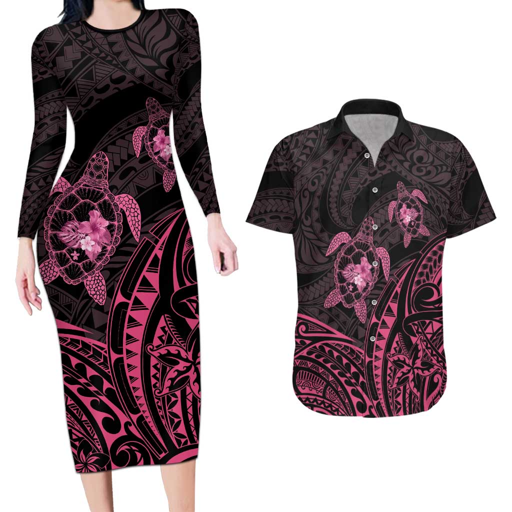 Pink Black Polynesia Floral Sea Turtle Couples Matching Long Sleeve Bodycon Dress and Hawaiian Shirt LT14 Black - Polynesian Pride