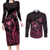 Pink Black Polynesia Floral Sea Turtle Couples Matching Long Sleeve Bodycon Dress and Long Sleeve Button Shirt LT14 Black - Polynesian Pride