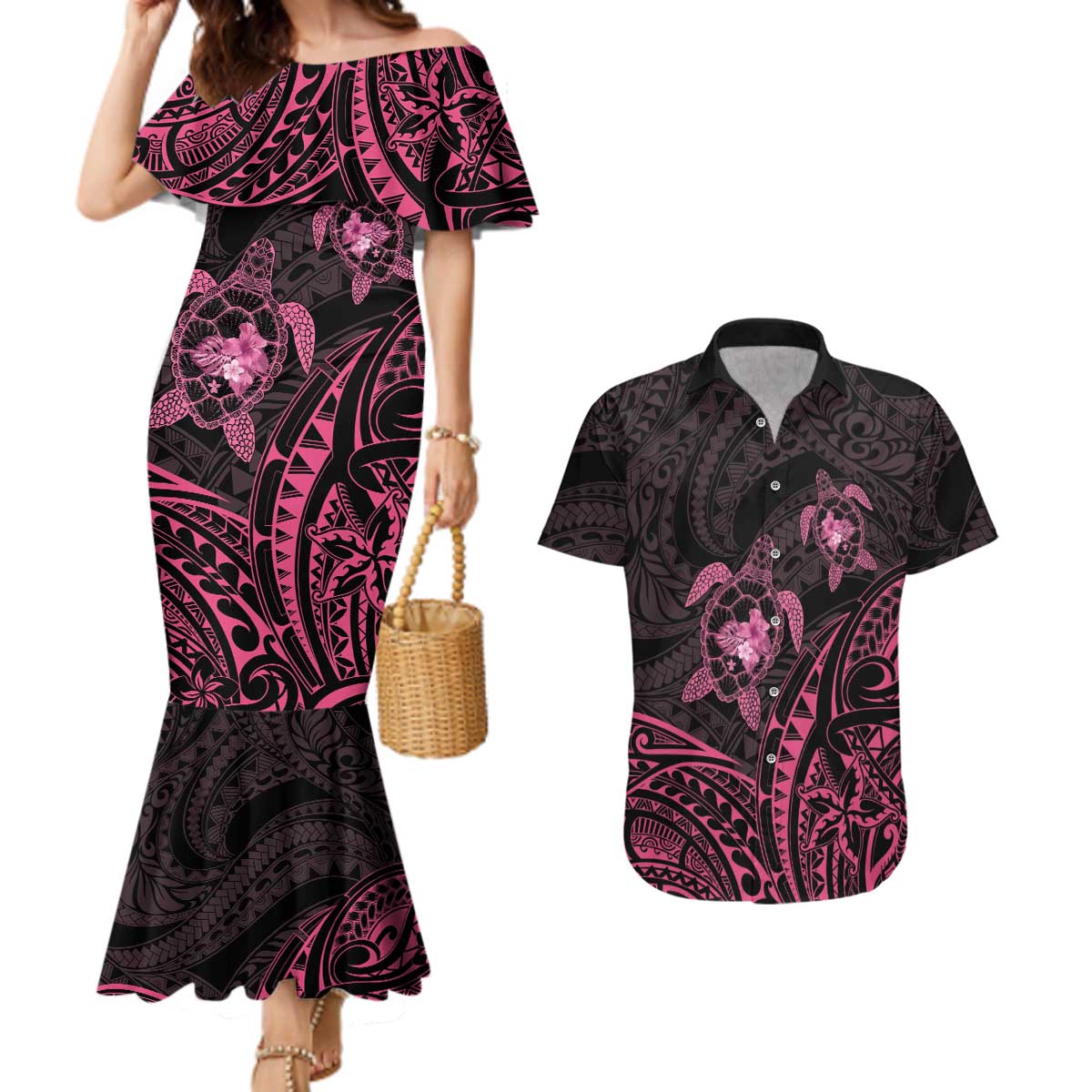 Pink Black Polynesia Floral Sea Turtle Couples Matching Mermaid Dress and Hawaiian Shirt LT14 Black - Polynesian Pride