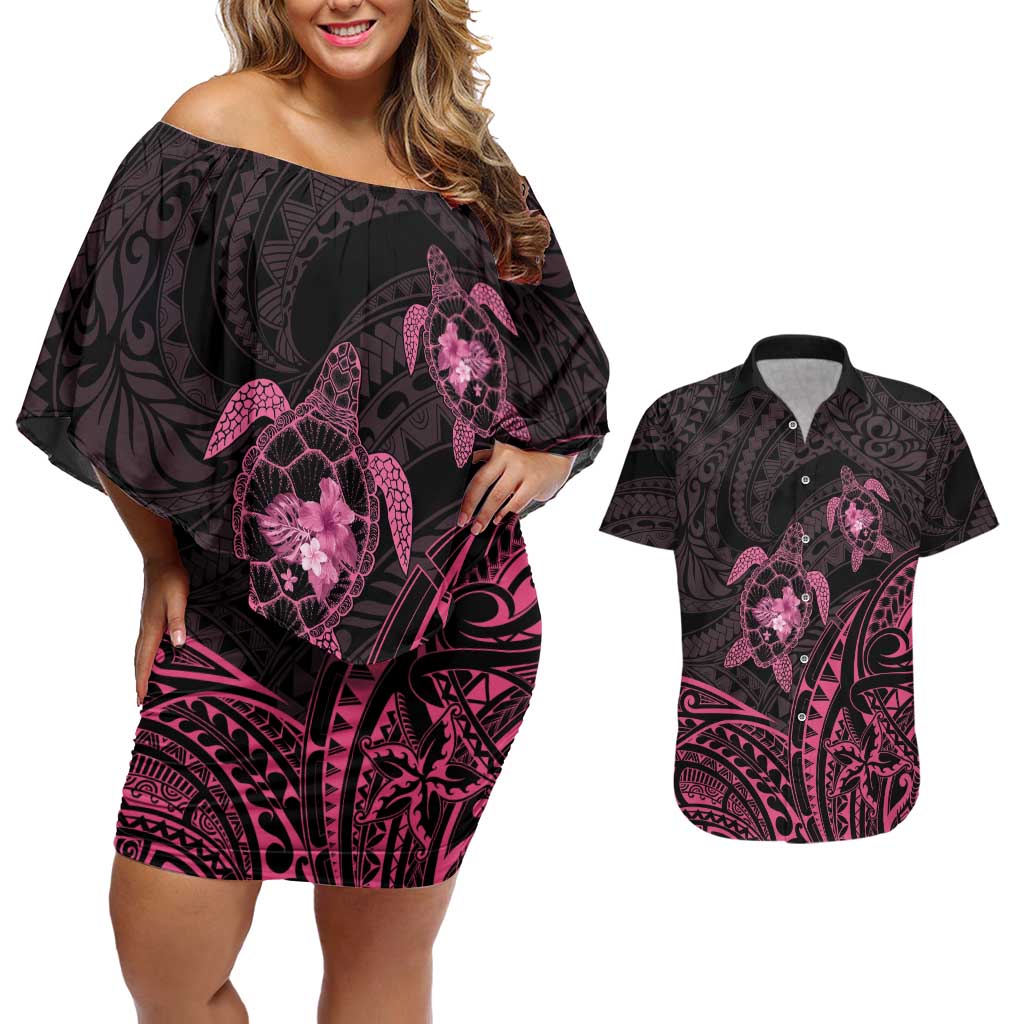 Pink Black Polynesia Floral Sea Turtle Couples Matching Off Shoulder Short Dress and Hawaiian Shirt LT14 Black - Polynesian Pride