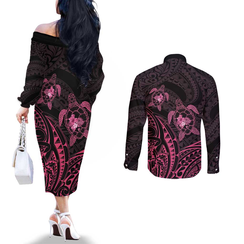 Pink Black Polynesia Floral Sea Turtle Couples Matching Off The Shoulder Long Sleeve Dress and Long Sleeve Button Shirt LT14 - Polynesian Pride