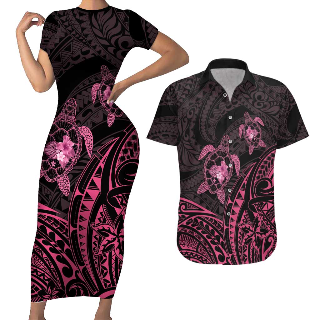 Pink Black Polynesia Floral Sea Turtle Couples Matching Short Sleeve Bodycon Dress and Hawaiian Shirt LT14 Black - Polynesian Pride