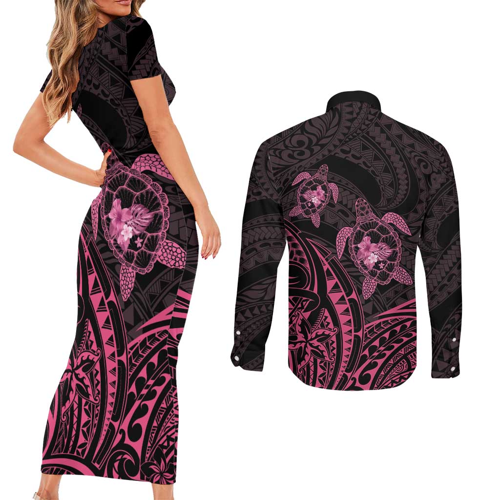 Pink Black Polynesia Floral Sea Turtle Couples Matching Short Sleeve Bodycon Dress and Long Sleeve Button Shirt LT14 - Polynesian Pride
