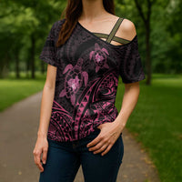 Pink Black Polynesia Floral Sea Turtle Cross Shoulder Shirt LT14 - Polynesian Pride