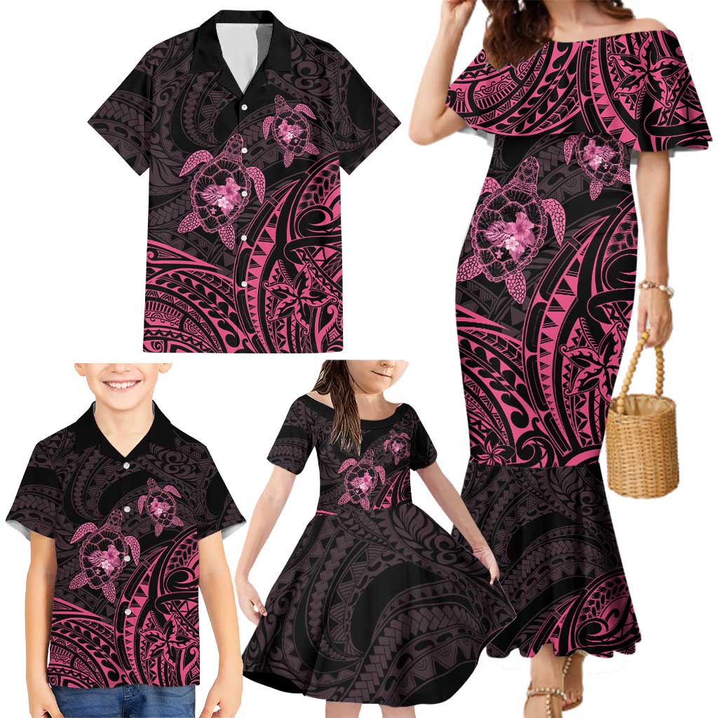 Pink Black Polynesia Floral Sea Turtle Family Matching Mermaid Dress and Hawaiian Shirt LT14 - Polynesian Pride