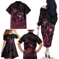 Pink Black Polynesia Floral Sea Turtle Family Matching Off The Shoulder Long Sleeve Dress and Hawaiian Shirt - Polynesian Pride