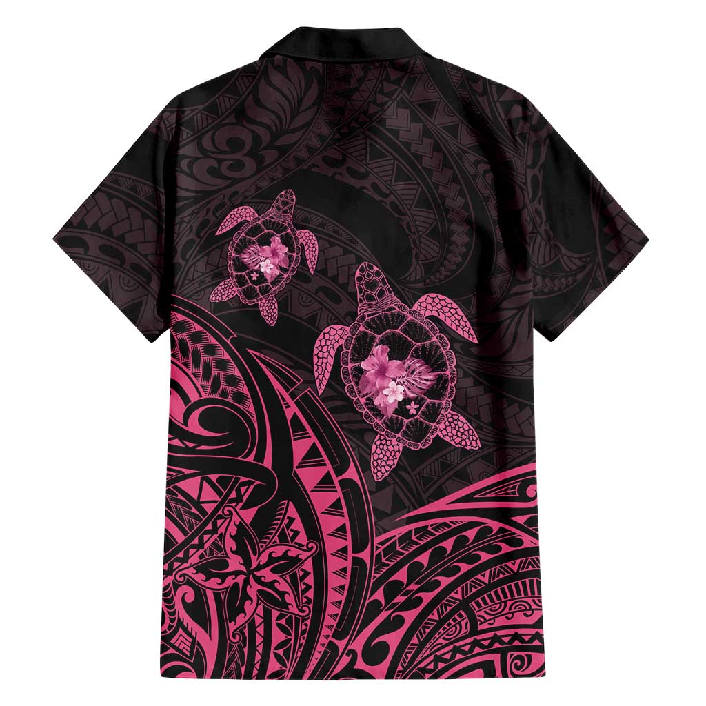 Pink Black Polynesia Floral Sea Turtle Family Matching Off The Shoulder Long Sleeve Dress and Hawaiian Shirt - Polynesian Pride