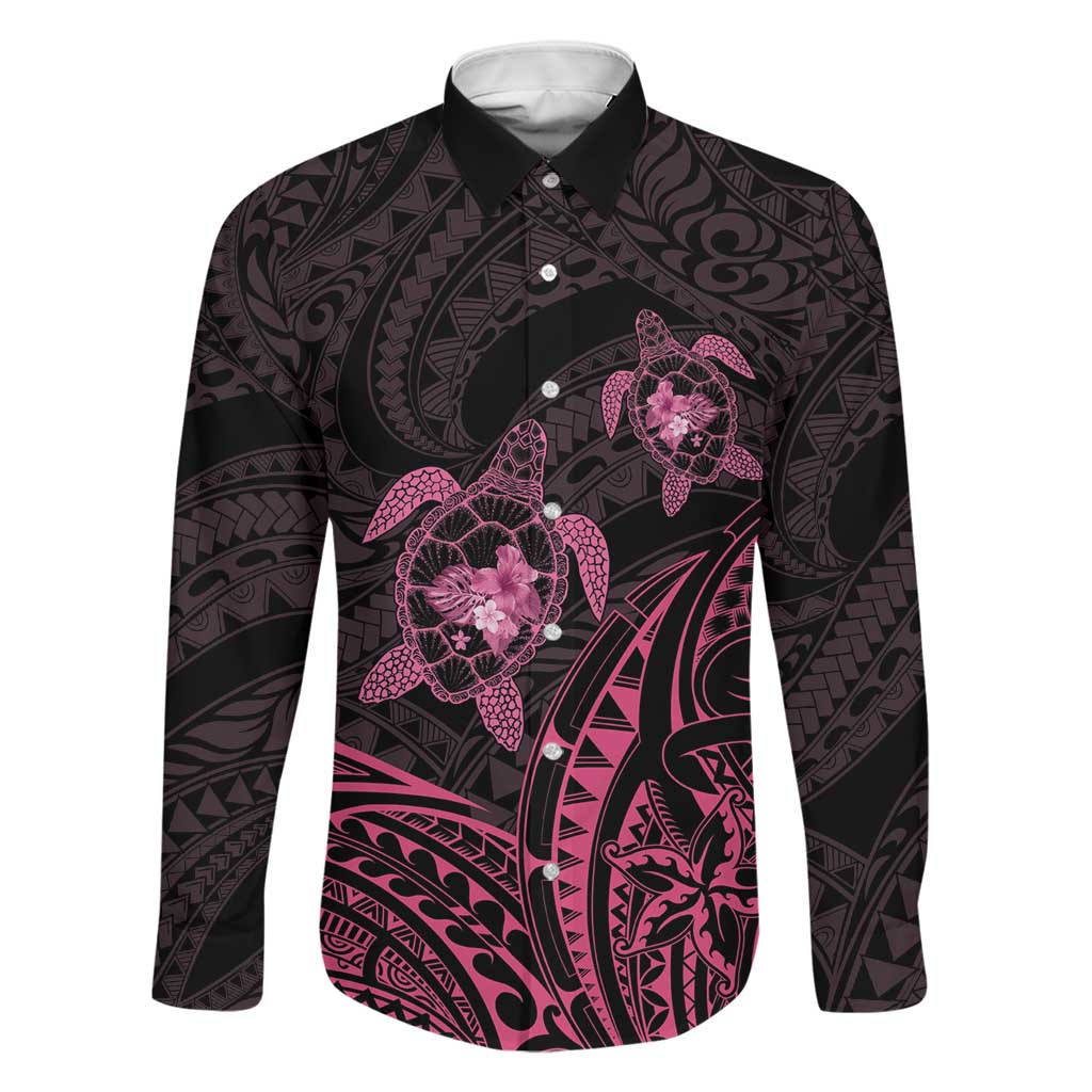 Pink Black Polynesia Floral Sea Turtle Family Matching Off The Shoulder Long Sleeve Dress and Hawaiian Shirt - Polynesian Pride