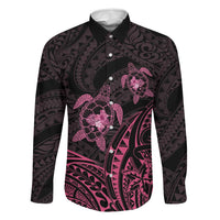 Pink Black Polynesia Floral Sea Turtle Family Matching Off The Shoulder Long Sleeve Dress and Hawaiian Shirt - Polynesian Pride