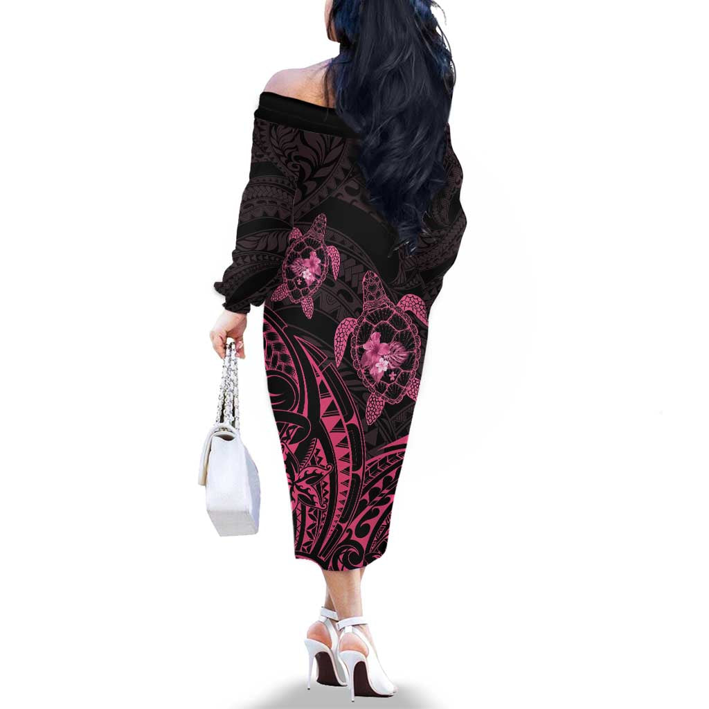 Pink Black Polynesia Floral Sea Turtle Family Matching Off The Shoulder Long Sleeve Dress and Hawaiian Shirt - Polynesian Pride