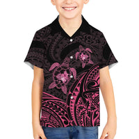 Pink Black Polynesia Floral Sea Turtle Family Matching Off The Shoulder Long Sleeve Dress and Hawaiian Shirt - Polynesian Pride