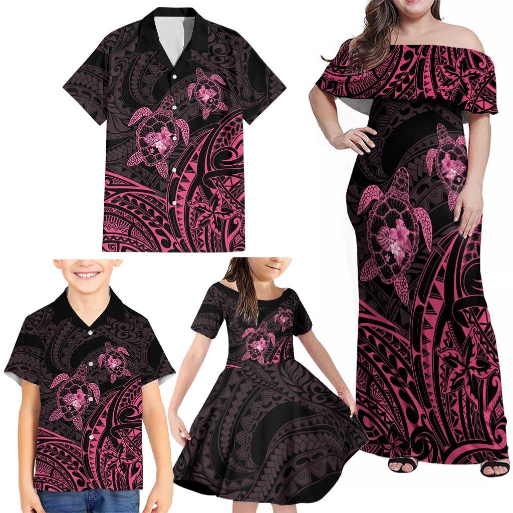 Pink Black Polynesia Floral Sea Turtle Family Matching Off Shoulder Maxi Dress and Hawaiian Shirt LT14 - Polynesian Pride