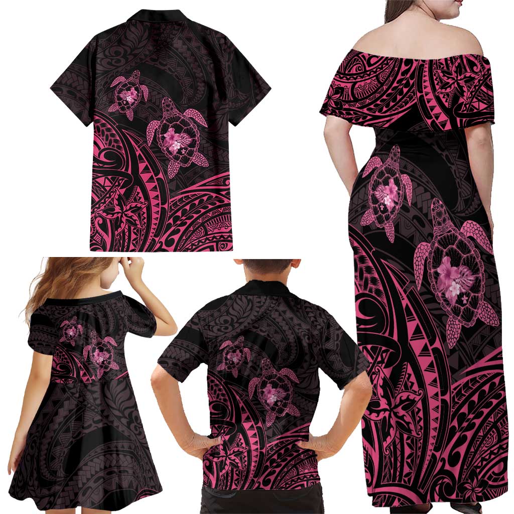 Pink Black Polynesia Floral Sea Turtle Family Matching Off Shoulder Maxi Dress and Hawaiian Shirt - Polynesian Pride