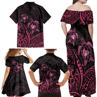 Pink Black Polynesia Floral Sea Turtle Family Matching Off Shoulder Maxi Dress and Hawaiian Shirt - Polynesian Pride