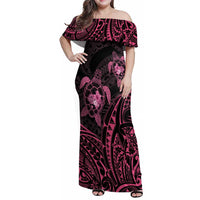 Pink Black Polynesia Floral Sea Turtle Family Matching Off Shoulder Maxi Dress and Hawaiian Shirt - Polynesian Pride