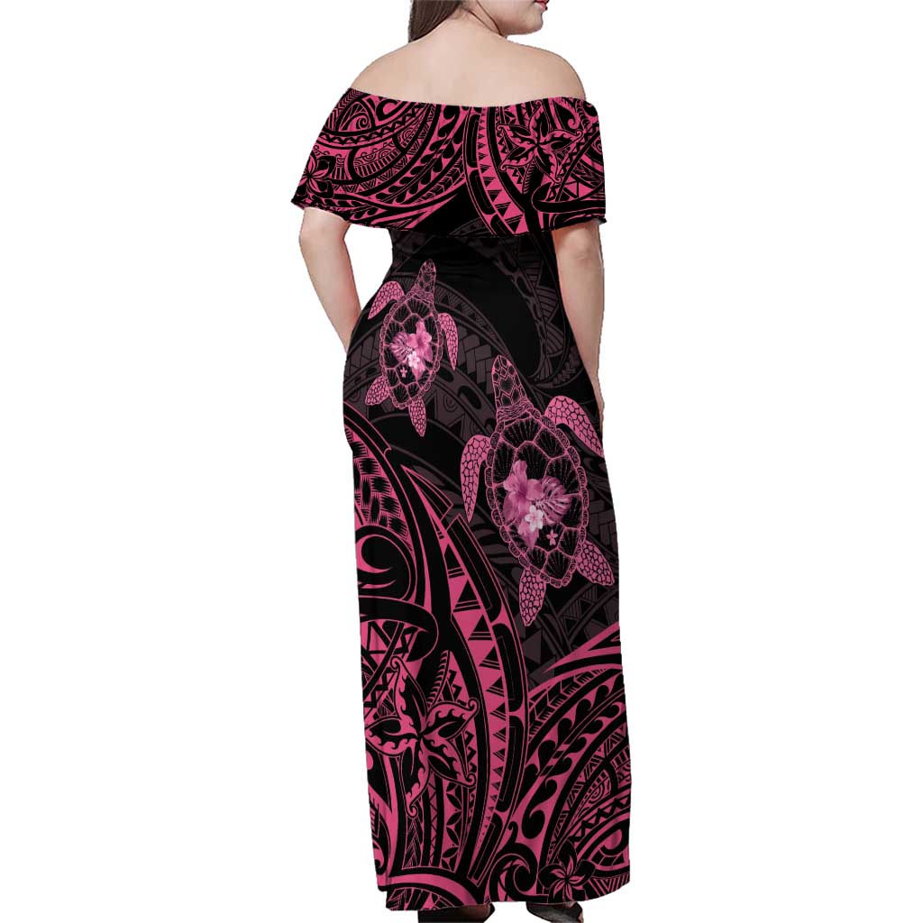 Pink Black Polynesia Floral Sea Turtle Family Matching Off Shoulder Maxi Dress and Hawaiian Shirt - Polynesian Pride