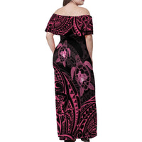 Pink Black Polynesia Floral Sea Turtle Family Matching Off Shoulder Maxi Dress and Hawaiian Shirt - Polynesian Pride