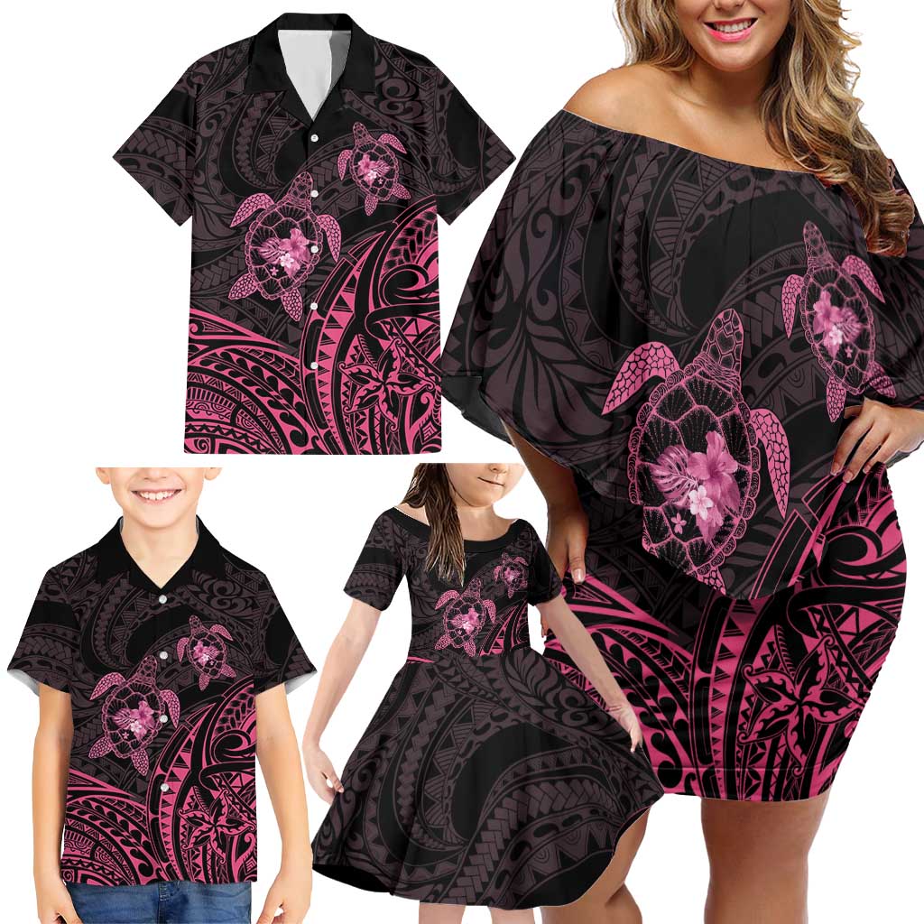 Pink Black Polynesia Floral Sea Turtle Family Matching Off Shoulder Short Dress and Hawaiian Shirt LT14 - Polynesian Pride