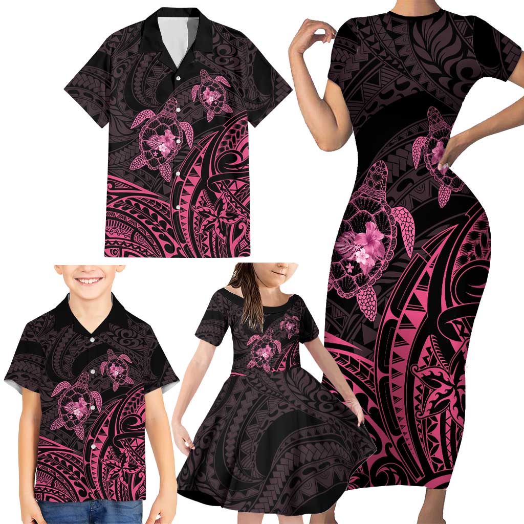 Pink Black Polynesia Floral Sea Turtle Family Matching Short Sleeve Bodycon Dress and Hawaiian Shirt LT14 - Polynesian Pride