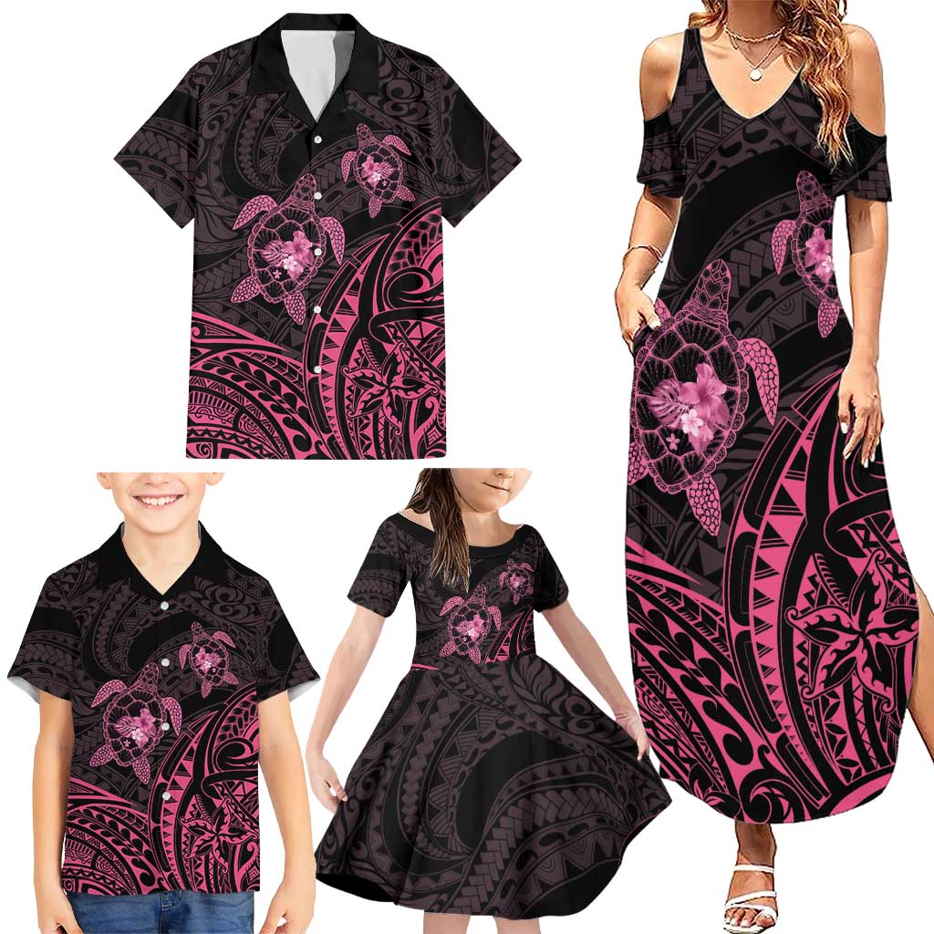 Pink Black Polynesia Floral Sea Turtle Family Matching Summer Maxi Dress and Hawaiian Shirt LT14 - Polynesian Pride