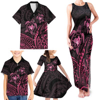 Pink Black Polynesia Floral Sea Turtle Family Matching Tank Maxi Dress and Hawaiian Shirt - Polynesian Pride