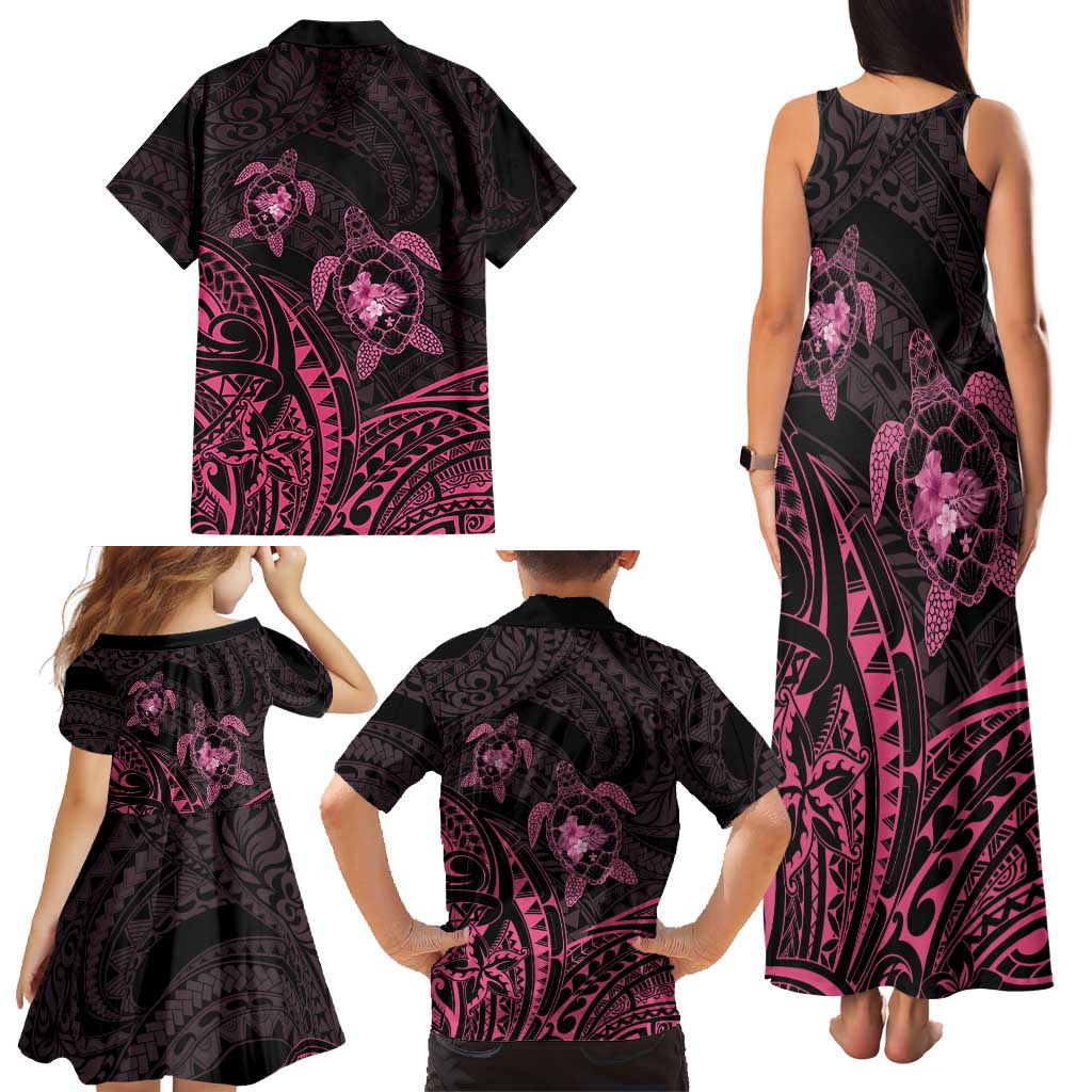 Pink Black Polynesia Floral Sea Turtle Family Matching Tank Maxi Dress and Hawaiian Shirt - Polynesian Pride