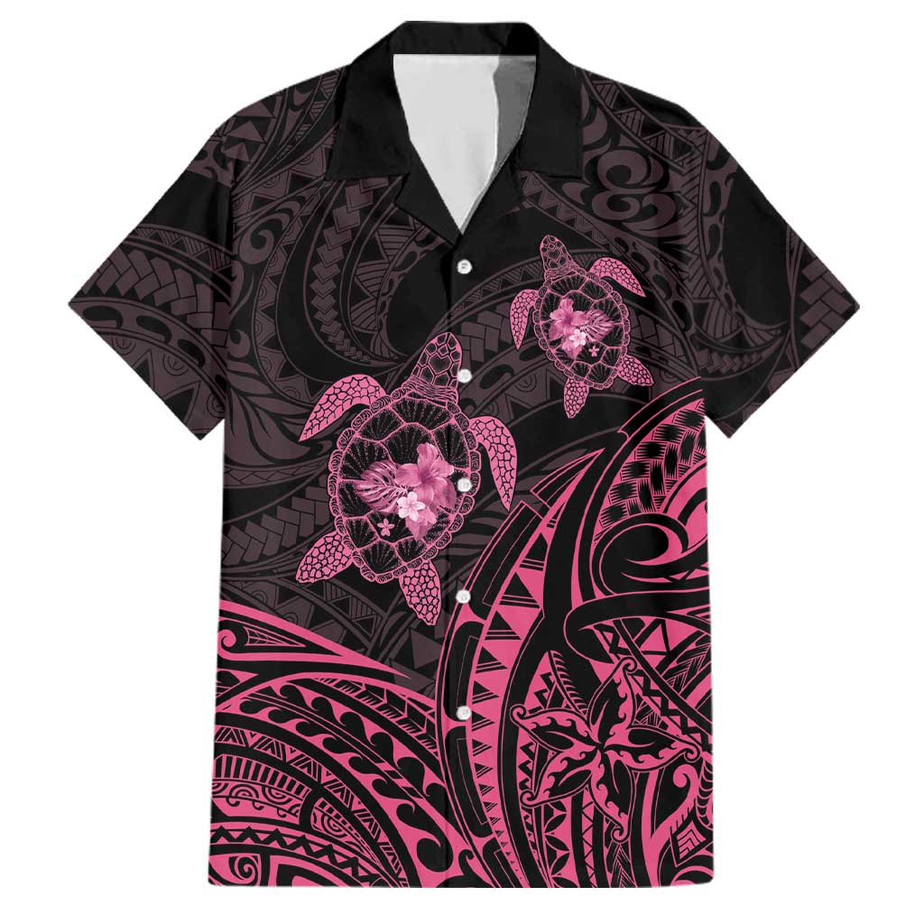 Pink Black Polynesia Floral Sea Turtle Family Matching Tank Maxi Dress and Hawaiian Shirt - Polynesian Pride