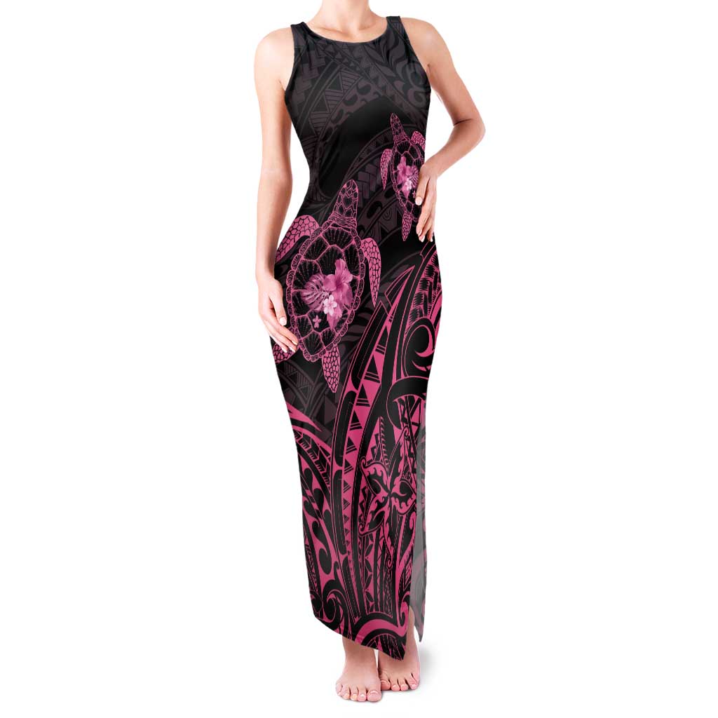 Pink Black Polynesia Floral Sea Turtle Family Matching Tank Maxi Dress and Hawaiian Shirt - Polynesian Pride