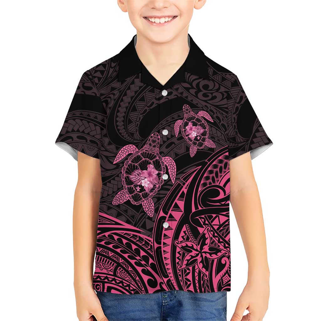 Pink Black Polynesia Floral Sea Turtle Family Matching Tank Maxi Dress and Hawaiian Shirt - Polynesian Pride